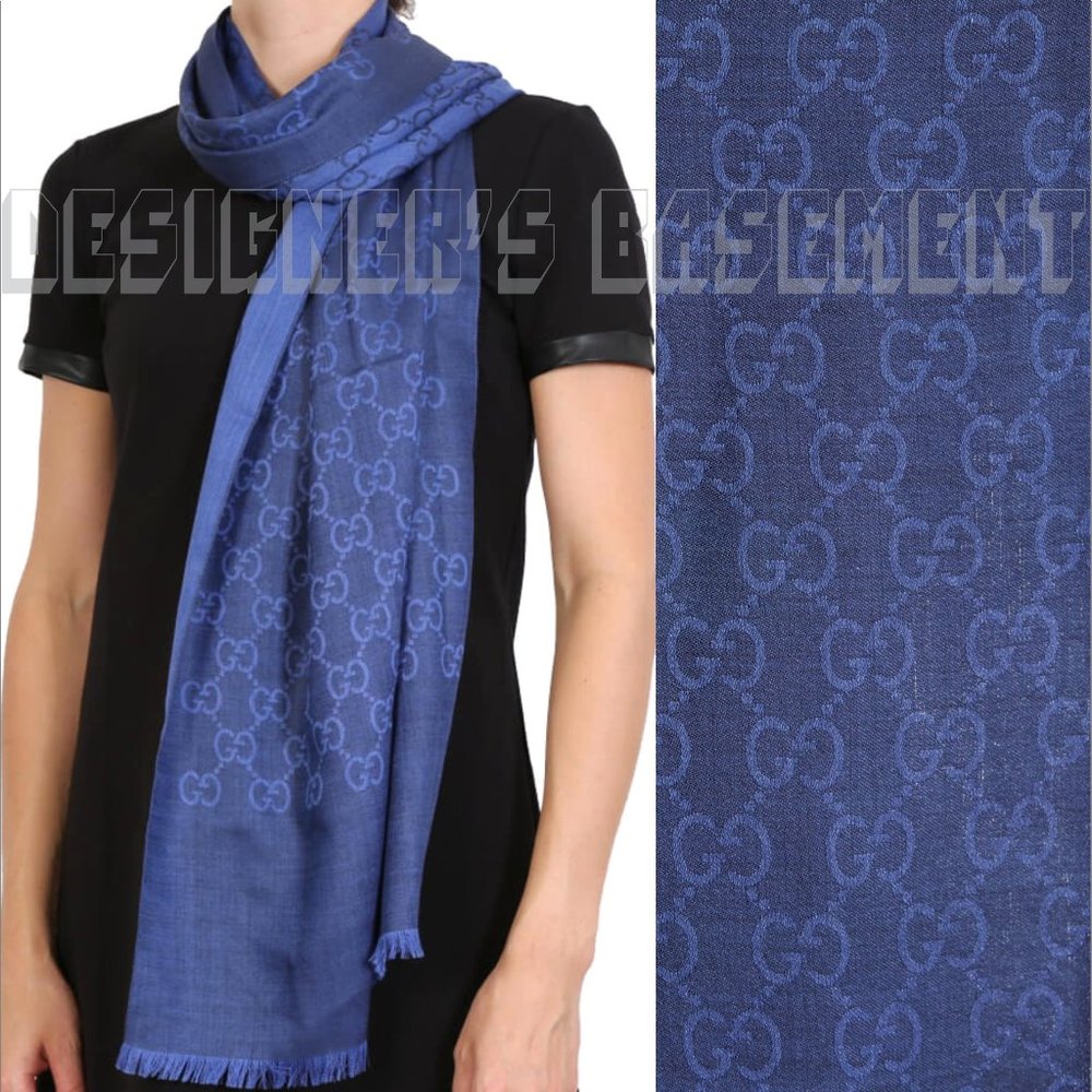 GUCCI Midnight Blue & Marine GGNAT wool & silk 18"x70" shawl Pashmina scarf